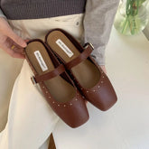 LIZAKOSHT  -  British Style Mule Slippers Women Flat Heel Shoes Brand Rivet Slide Casual Loafer Casual Flip Flops Female Outdoor Slipper Muje